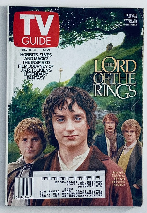 TV Guide Magazine December 16 2001 featuring Elijah Wood and Sean Astin, showcasing The Lord of the Rings on the cover, representing early 2000s fantasy film culture.