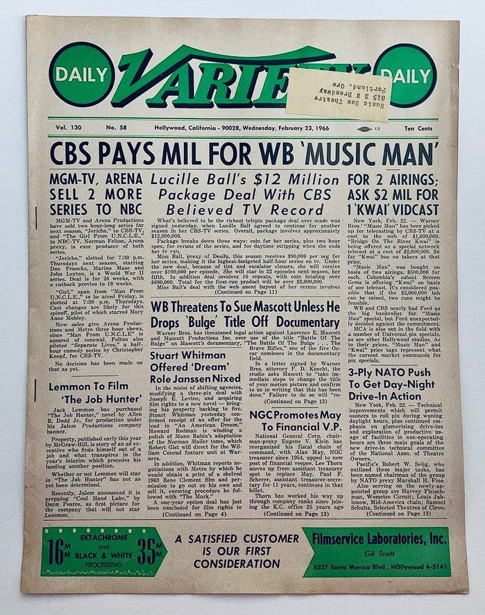 Cover of Daily Variety Magazine dated February 23, 1966, Vol 130 #58, featuring the headline 'CBS Pays Mil for WB Music Man' alongside news on MGM-TV and other entertainment industry stories.