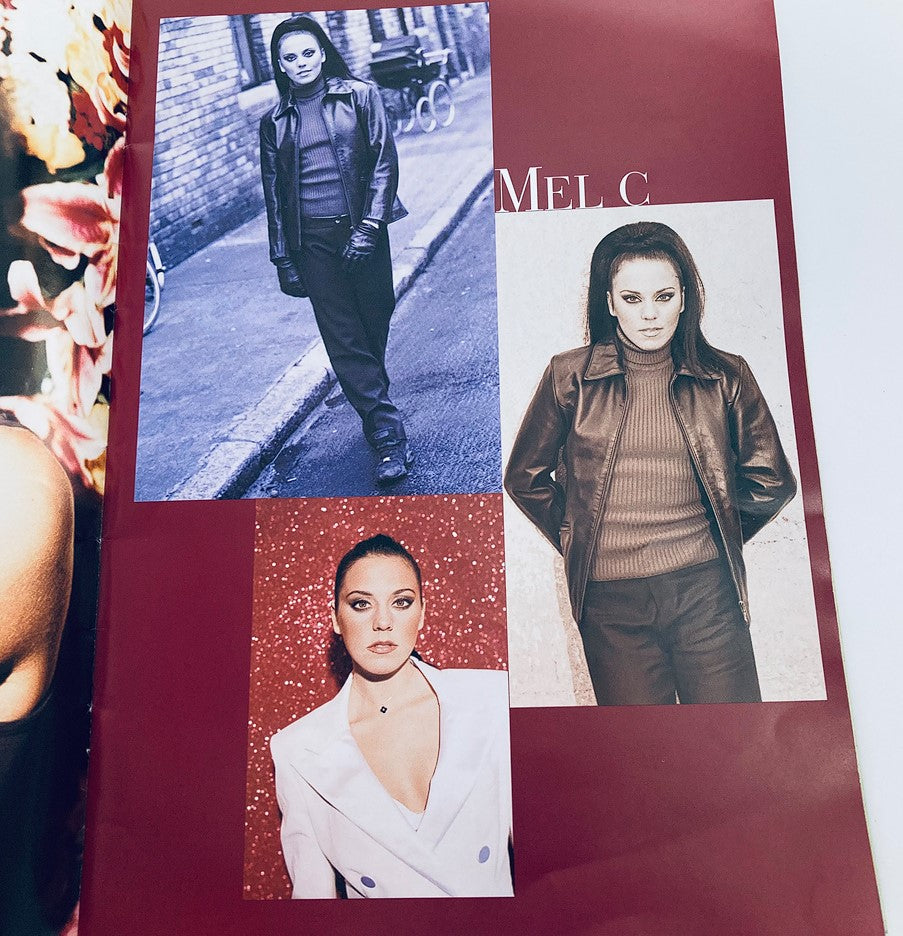 Page from the 1998 Spice Girls - Spice World The Tour Program highlighting Mel C, featuring colorful photographs and showcasing her fashion evolution during the late 90s.