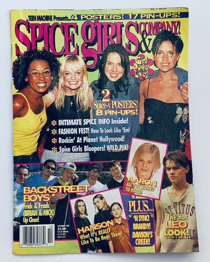 Teen Machine Magazine Presents October 1998 Spice Girls & Company cover featuring the Spice Girls with vibrant colors and promotional highlights.