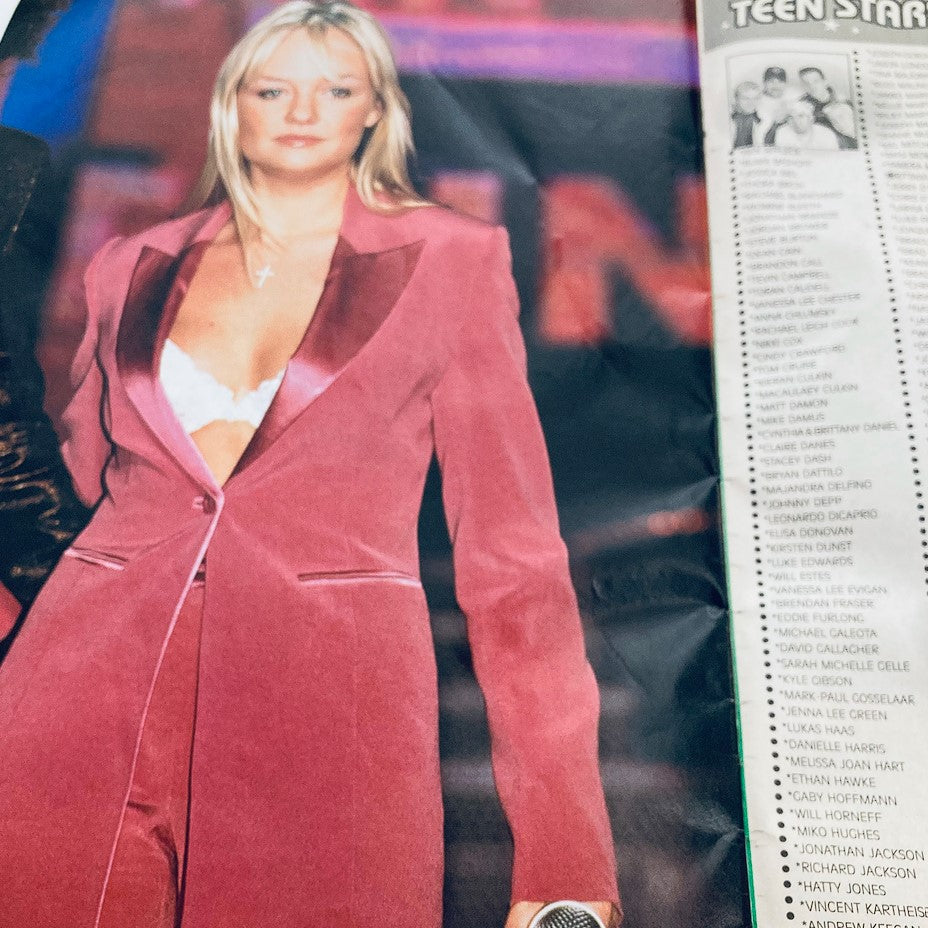Teen Machine Magazine Presents October 1998 Spice Girls & Company featuring a photo of a female artist dressed in a pink suit over a white top, embodying the fashionable styles of the late '90s music scene.