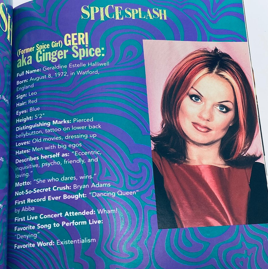 Page from Scholastic 1998 Your Unofficial Guide To Everything Spice showcasing Geri Halliwell, featuring her profile, favorite things, and personal details.