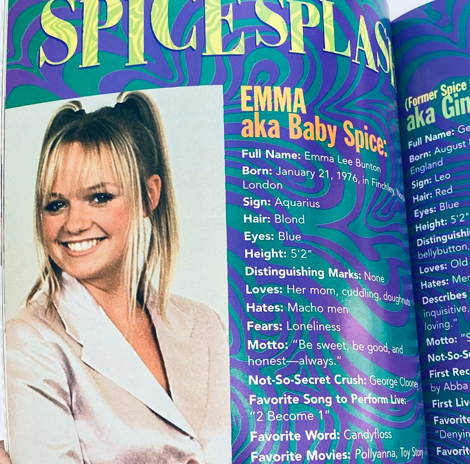 Page from Scholastic 1998 Your Unofficial Guide To Everything Spice highlighting Emma Bunton, also known as Baby Spice, with her profile and personal insights.