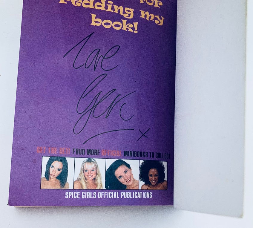 Final page of the 1997 Official Spice Girls Minibook featuring Geri Halliwell's signature with a playful note of gratitude.