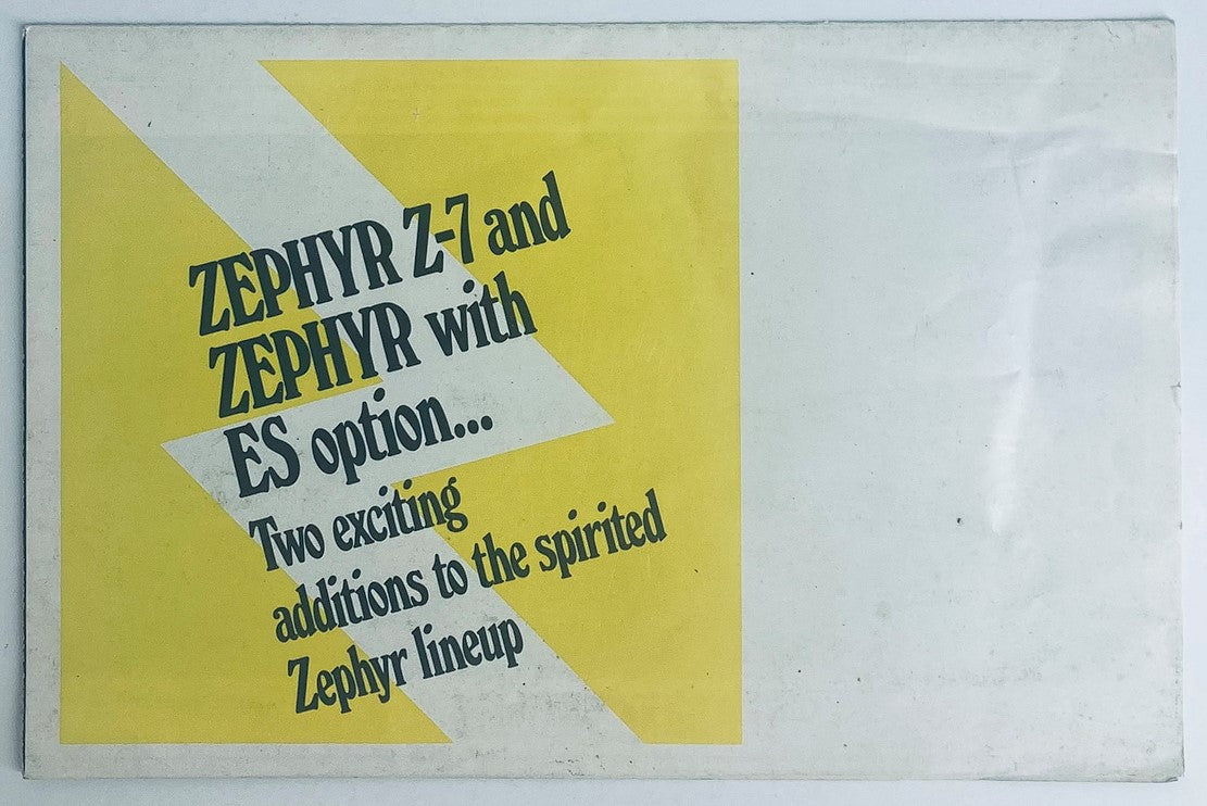 1978 Mercury Zephyr Z-7 dealer showroom sales brochure showcasing the Zephyr Z-7 and Zephyr with ES option, emphasizing two exciting additions to the spirited Zephyr lineup.