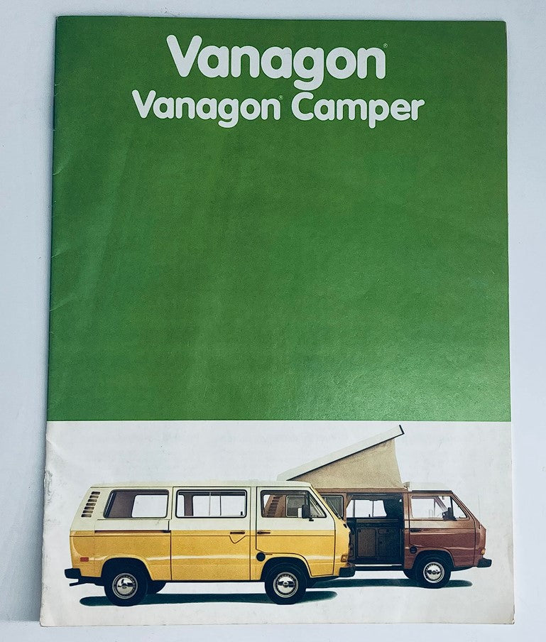 Cover of the 1980 Vanagon Camper Dealer Showroom Sales Brochure Guide Catalog, featuring a colorful illustration of the Vanagon Camper, with a split view displaying interior features.