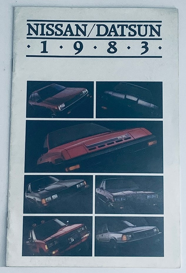 Cover of the 1983 Nissan Datsun Dealer Showroom Sales Brochure Guide Catalog featuring various Nissan/Datsun vehicle models. The design includes images of cars from different angles, showcasing the automotive lineup for 1983.