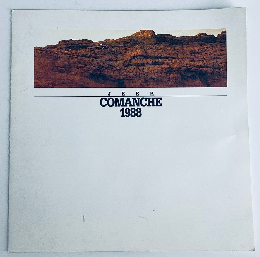Front cover of the 1988 Jeep Comanche Dealer Showroom Sales Brochure Guide Catalog featuring a scenic mountainous background with the Jeep Comanche logo prominently displayed.