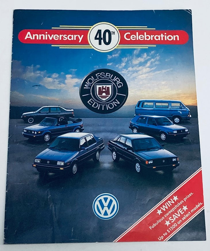 1989 Volkswagen Wolfsburg Edition Dealer Showroom Sales Brochure Catalog featuring classic Volkswagen models with '40th Anniversary Celebration' text and a Volkswagen logo.