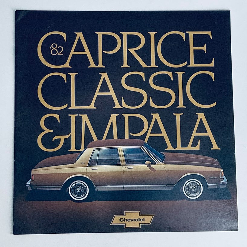 1982 Chevrolet Caprice Classic Dealer Showroom Sales Brochure Guide Catalog featuring a brown Caprice Classic and Impala on the cover, showcasing classic automotive design.