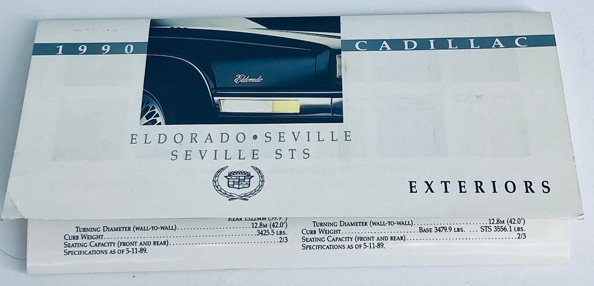 1990 Cadillac Eldorado Exterior Dealer Showroom Sales Brochure featuring a sleek design layout, showcasing the Eldorado and Seville models, and displaying key specifications for prospective buyers.