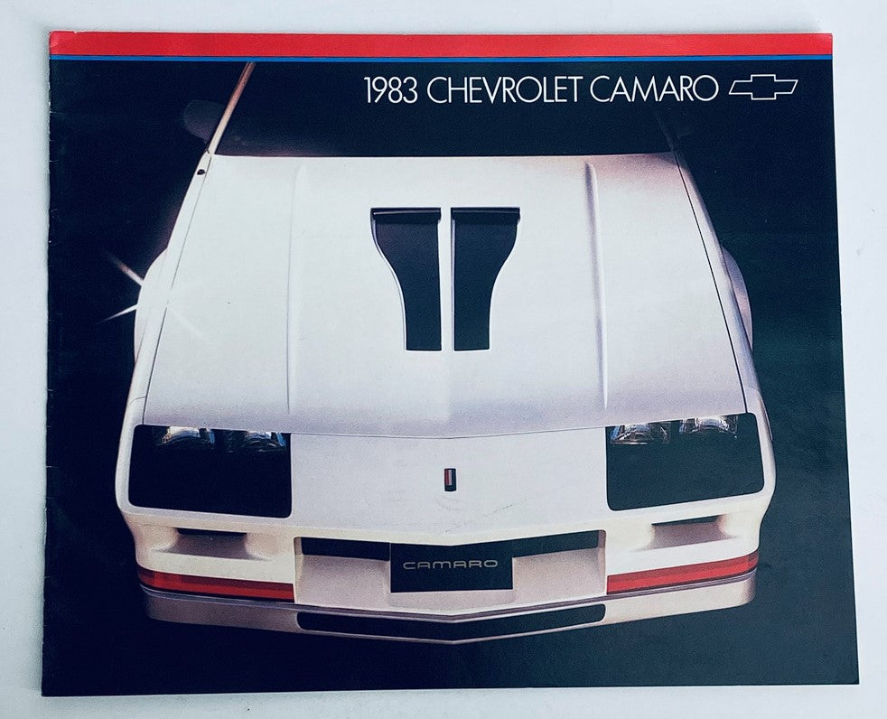 1983 Chevrolet Camaro Dealer Showroom Sales Brochure showcasing the front view of a white Chevrolet Camaro with distinctive hood vents, highlighting the classic design.