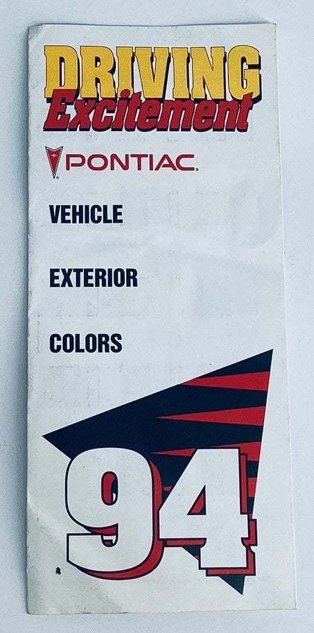 1994 Pontiac Exterior Colors Dealer Showroom Sales Brochure Guide Catalog featuring the title 'DRIVING Excitement', showcasing vehicle exterior colors in an appealing design.