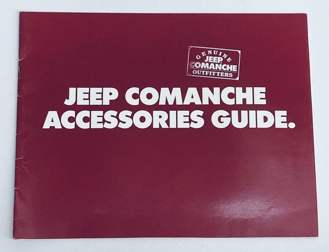 Cover of the 1987 Jeep Comanche Accessories Guide Dealer Showroom Sales Brochure Catalog, featuring bold white text on a maroon background with an emblem of Jeep Comanche Outfitters.