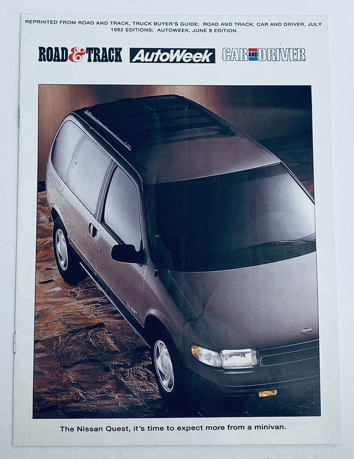 1992 Nissan Quest Minivan Dealer Showroom Sales Brochure Catalog cover featuring an overhead view of the Nissan Quest, emphasizing its sleek design and spacious roofline.