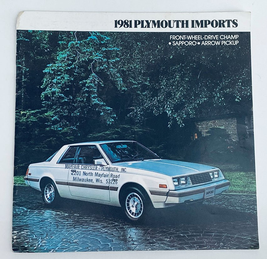 1981 Plymouth Imports showroom brochure featuring a vintage car model in front of a scenic background, highlighting the design and styles offered by Plymouth.