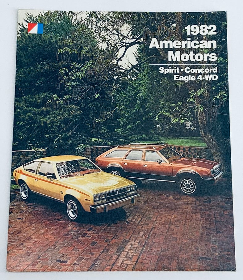 1982 American Motors Spirit Concord Dealer Showroom Sales Brochure displaying the Spirit and Concord models in a picturesque outdoor setting.