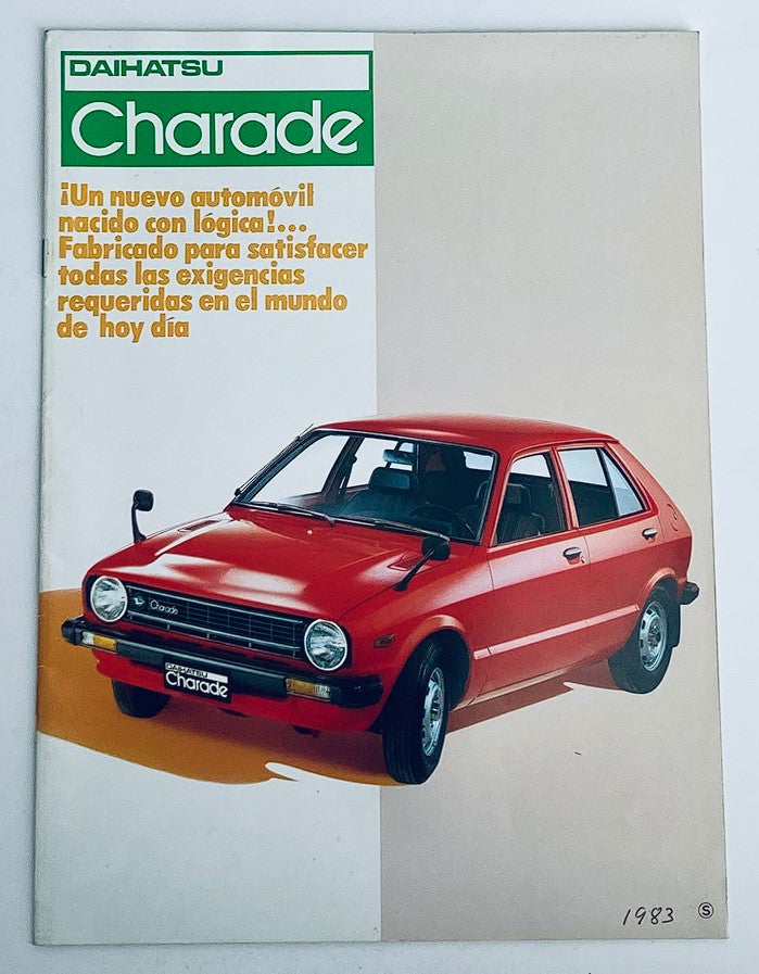 1983 Daihatsu Charade Dealer Showroom Sales Brochure showcasing the compact red car with sleek design, emphasizing features and specifications from the 1980s.