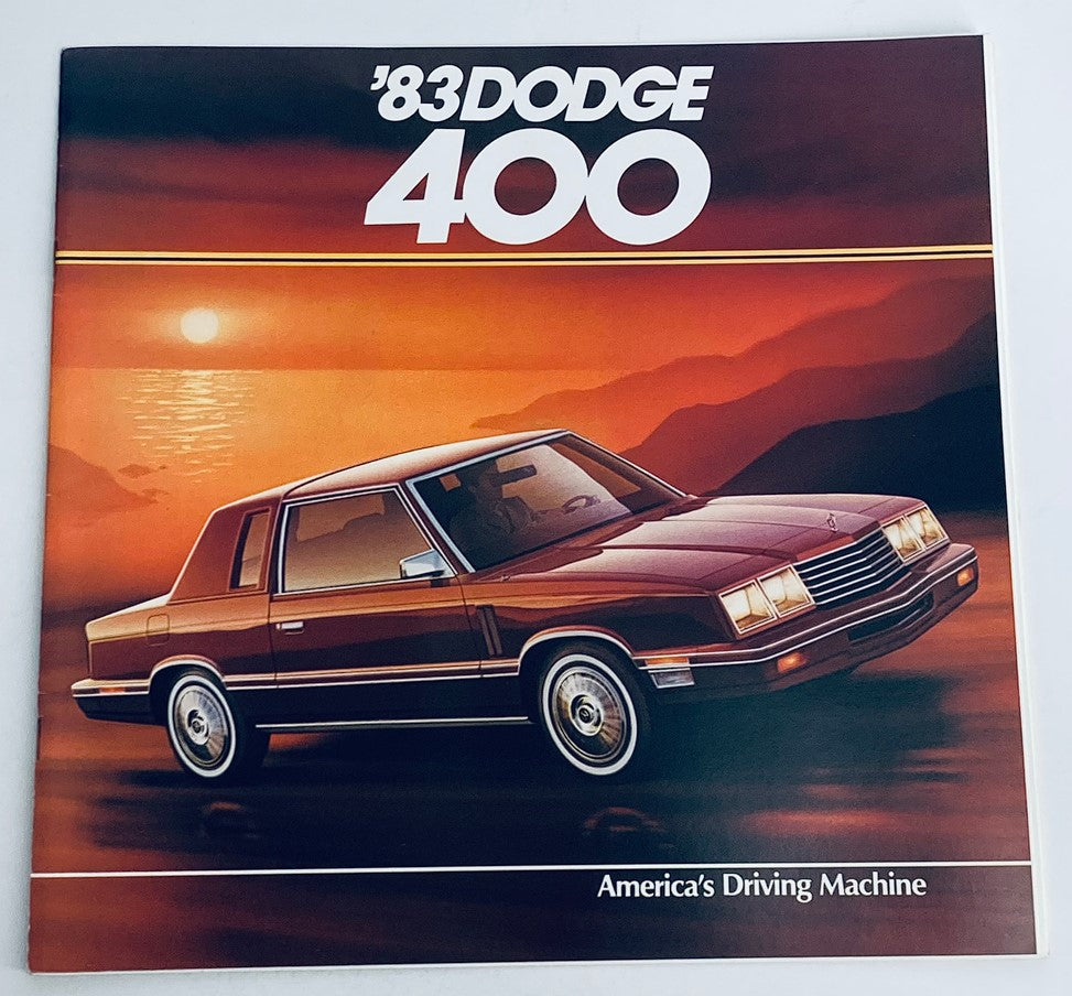 Cover of the 1983 Dodge 400 Dealer Showroom Sales Brochure featuring the Dodge 400 car against a sunset backdrop, highlighting its vintage design and branding, ideal for automotive enthusiasts and collectors.