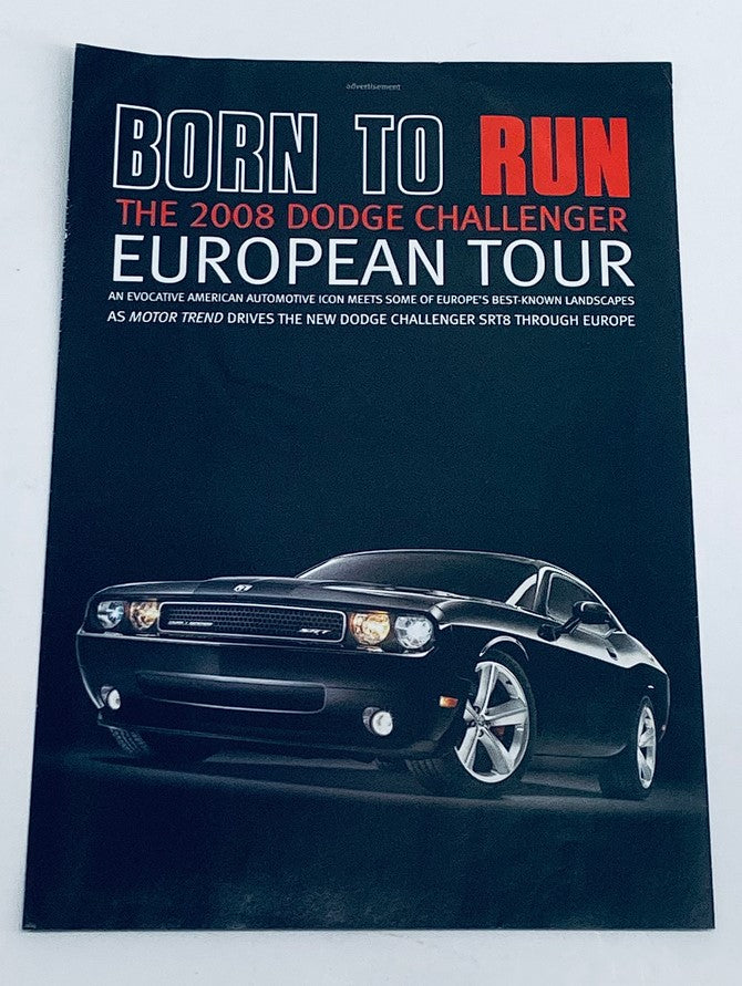 Cover of the 2008 Dodge Challenger European Tour Dealer Showroom Sales Brochure Catalog featuring the sleek design of the Dodge Challenger SRT8 with a captivating background.