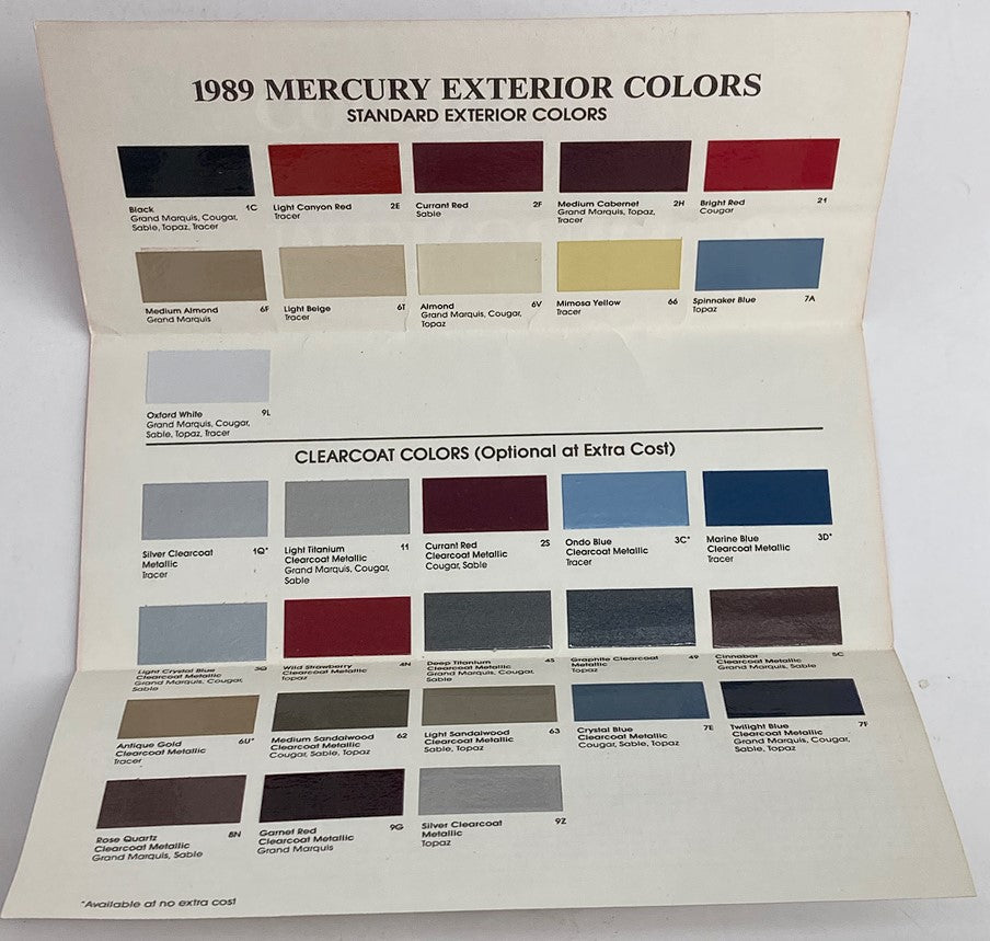 1993 Mercury Exterior Colors Dealer Showroom Sales Brochure displaying a detailed layout of the standard and clearcoat exterior colors available in 1989.
