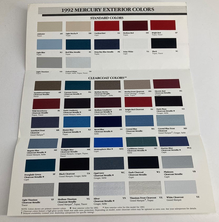Interior page of the 1992 Mercury Exterior Colors Dealer Showroom Sales Brochure showcasing a selection of standard colors and clearcoat colors available for Mercury vehicles.