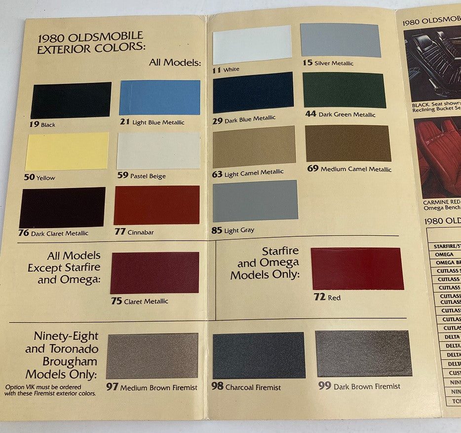 1980 Oldsmobile Color Chip Folder inside page displaying the exterior color options available for all models including color swatches and descriptions.
