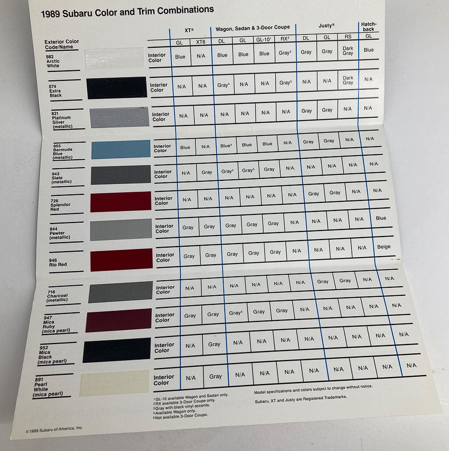 1989 Subaru Color Selector chart detailing exterior and interior color options and trim combinations for Subaru models including wagon, sedan, and coupe.