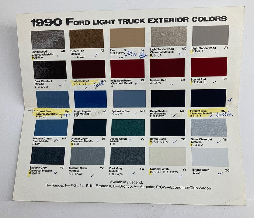1990 Ford Light Truck Exterior Colors chart showcasing a variety of paint options including Sanddune, Desert Tan, and Crystal Blue, ideal for Ford truck enthusiasts and restorers.