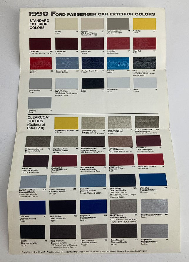 Interior page of the 1990 Ford Passenger Car Exterior Colors Showroom Sales Brochure showcasing a color palette with standard and clearcoat colors options.