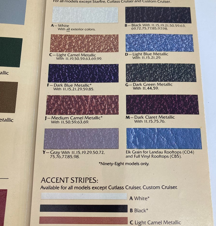 1980 Oldsmobile Color Chip Folder inside page detailing additional exterior color options and accent stripes for various Oldsmobile models.