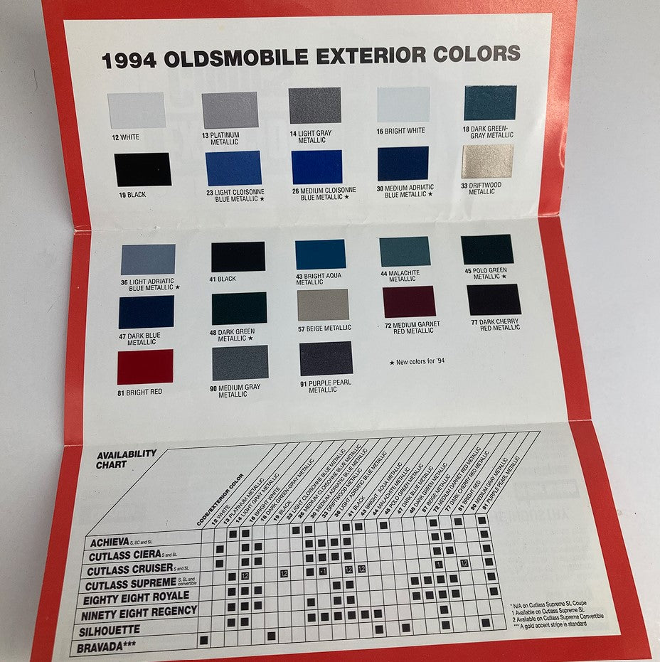 Inside view of the 1994 Oldsmobile Exterior Colors Dealer Showroom Sales Brochure Guide Catalog displaying an array of exterior color options and availability chart for different Oldsmobile models.