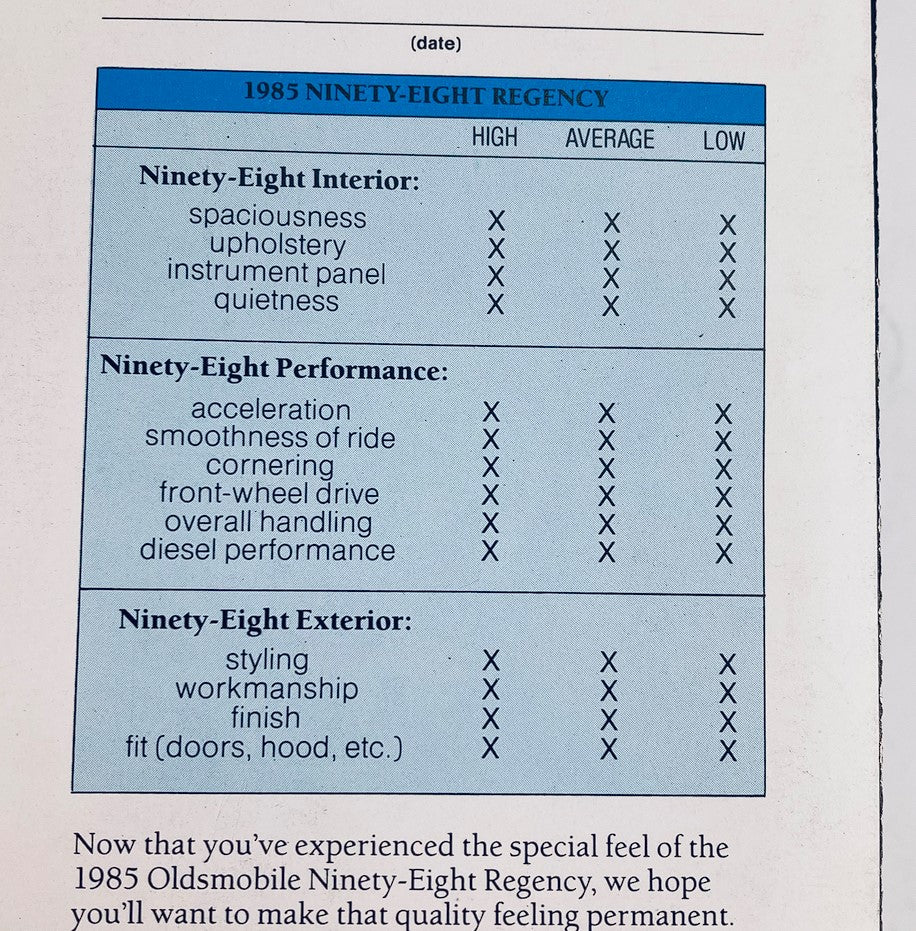 Table from the 1985 Oldsmobile Ninety Eight Regency brochure comparing interior, performance, and exterior features, illustrating the car's specifications and ratings.