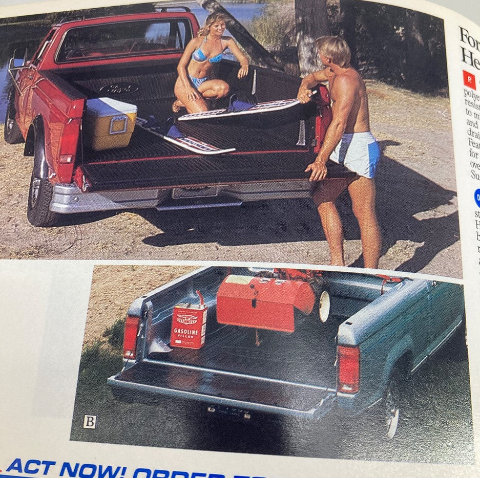 Man and woman interacting with a Ford truck bed, showcasing accessories in the 1990 Ford Light Trucks Accessories Dealer Showroom Sale Brochure Guide Catalog.