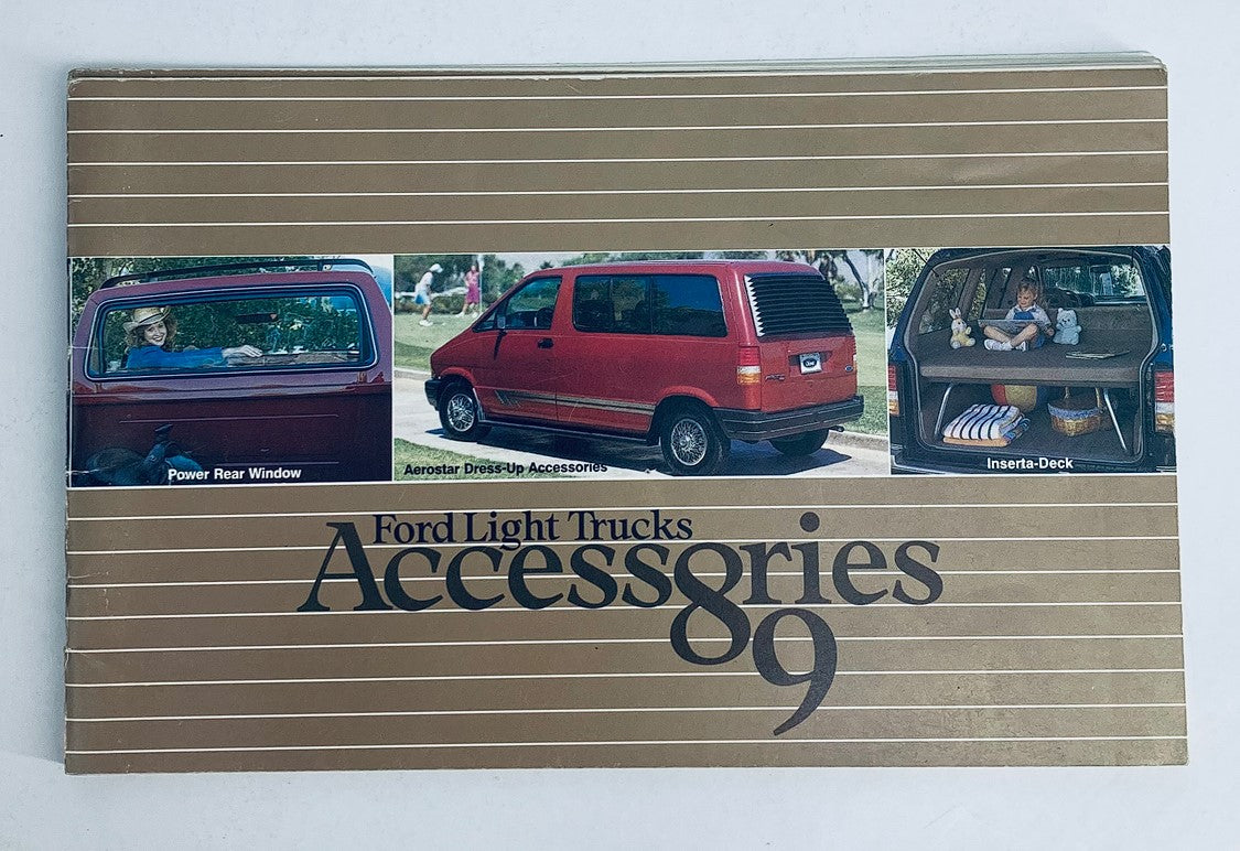 1989 Ford Light Trucks Accessories Dealer Showroom Sale Brochure Guide Catalog featuring images of accessories including a rear window and an Insert-Dock.