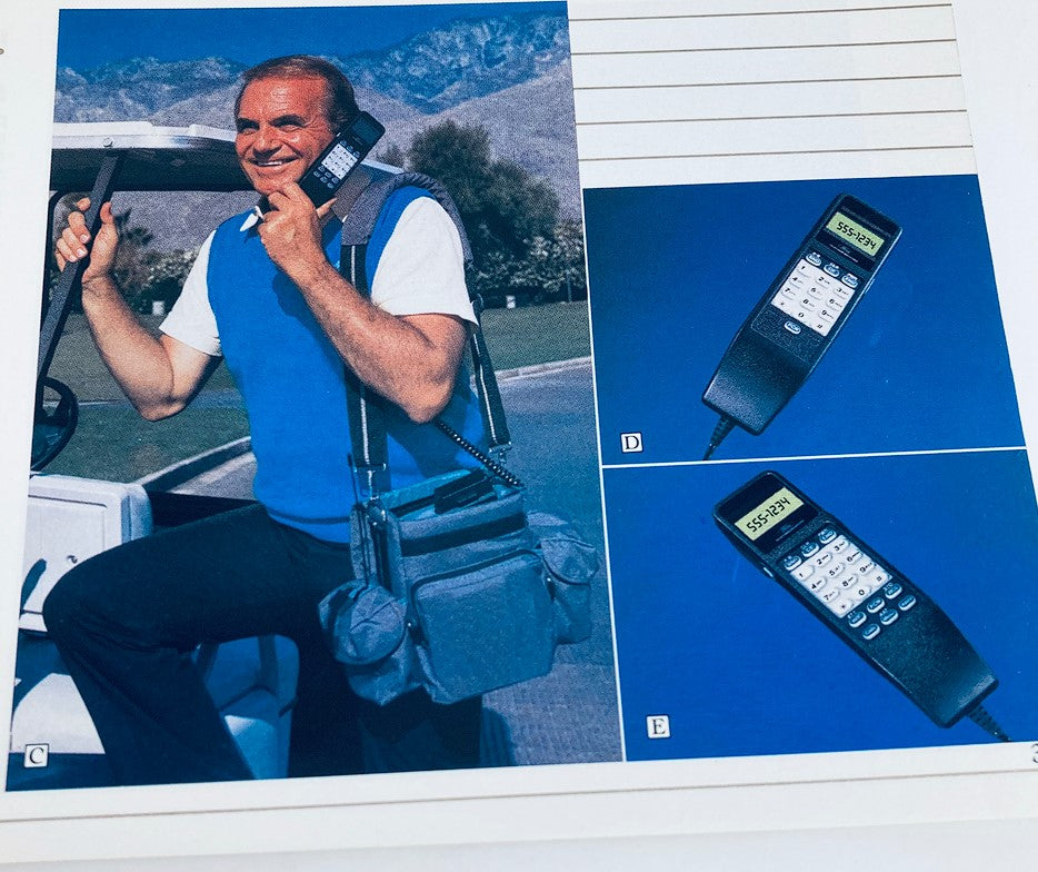 1989 Ford Light Trucks Accessories Dealer Showroom Sale Brochure Guide Catalog showcasing a man using a portable phone while seated on a golf cart, demonstrating one of the accessories.