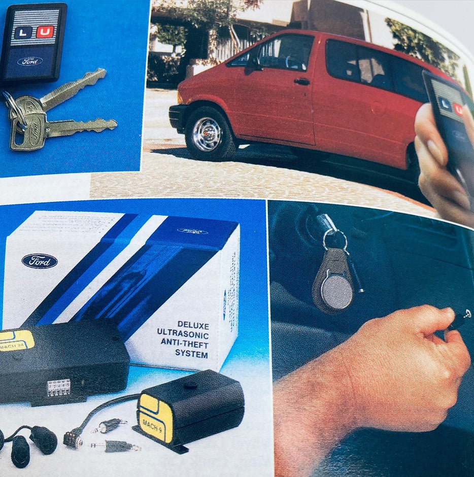 1989 Ford Light Trucks Accessories Dealer Showroom Sale Brochure showcasing a Ford keychain, a red Ford vehicle, and the Deluxe Ultrasonic Anti-Theft System for enhanced security.
