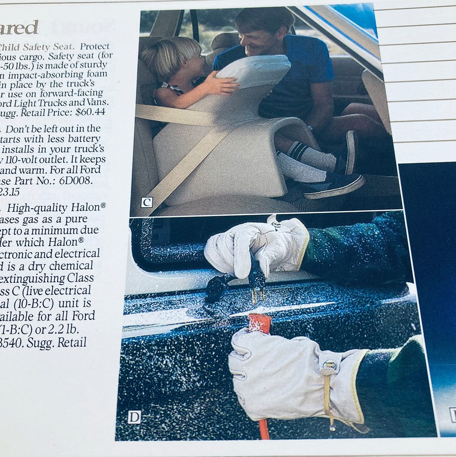 1989 Ford Light Trucks Accessories Dealer Showroom Sale Brochure displaying a child safety seat installation and a dry chemical fire extinguisher for truck safety and preparedness.