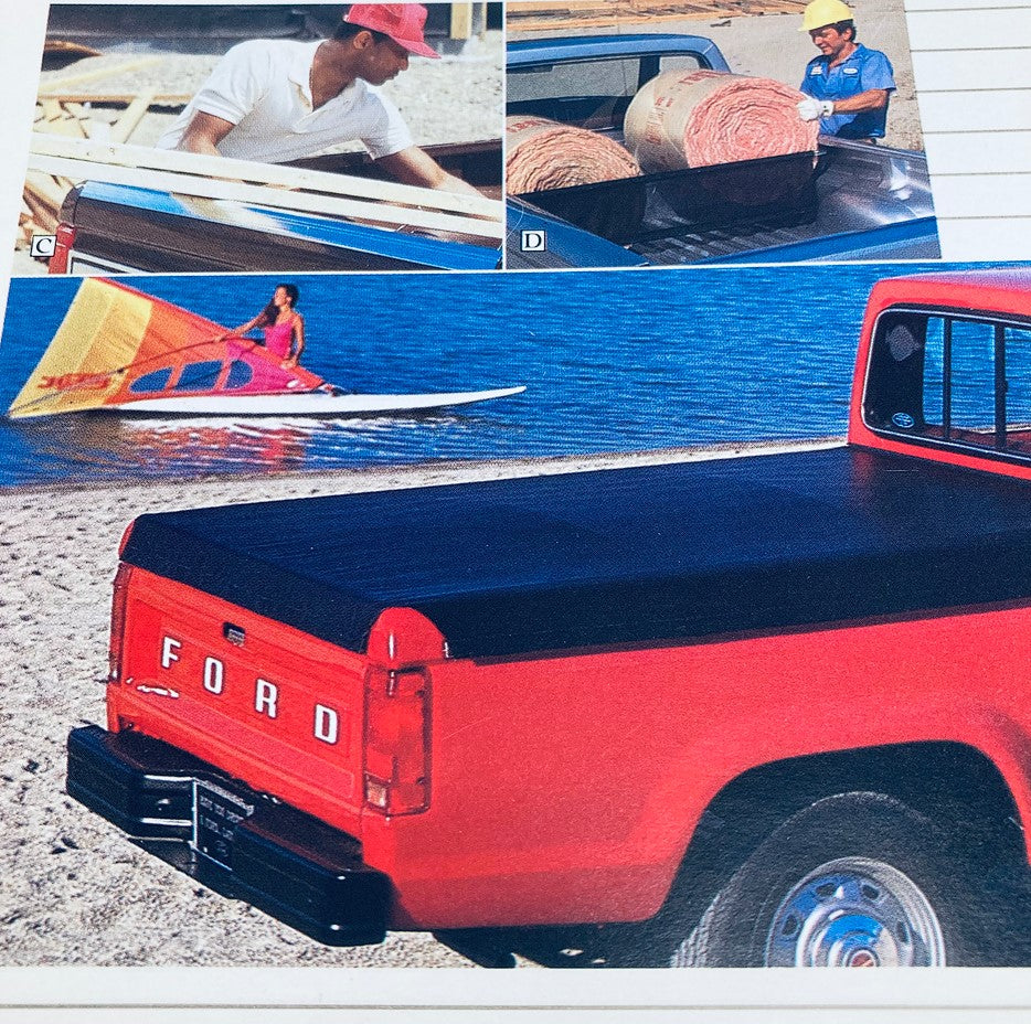 1989 Ford Light Trucks Accessories Dealer Showroom Sale Brochure illustrating a red Ford pickup truck with a bed cover, showing versatility for outdoor activities.