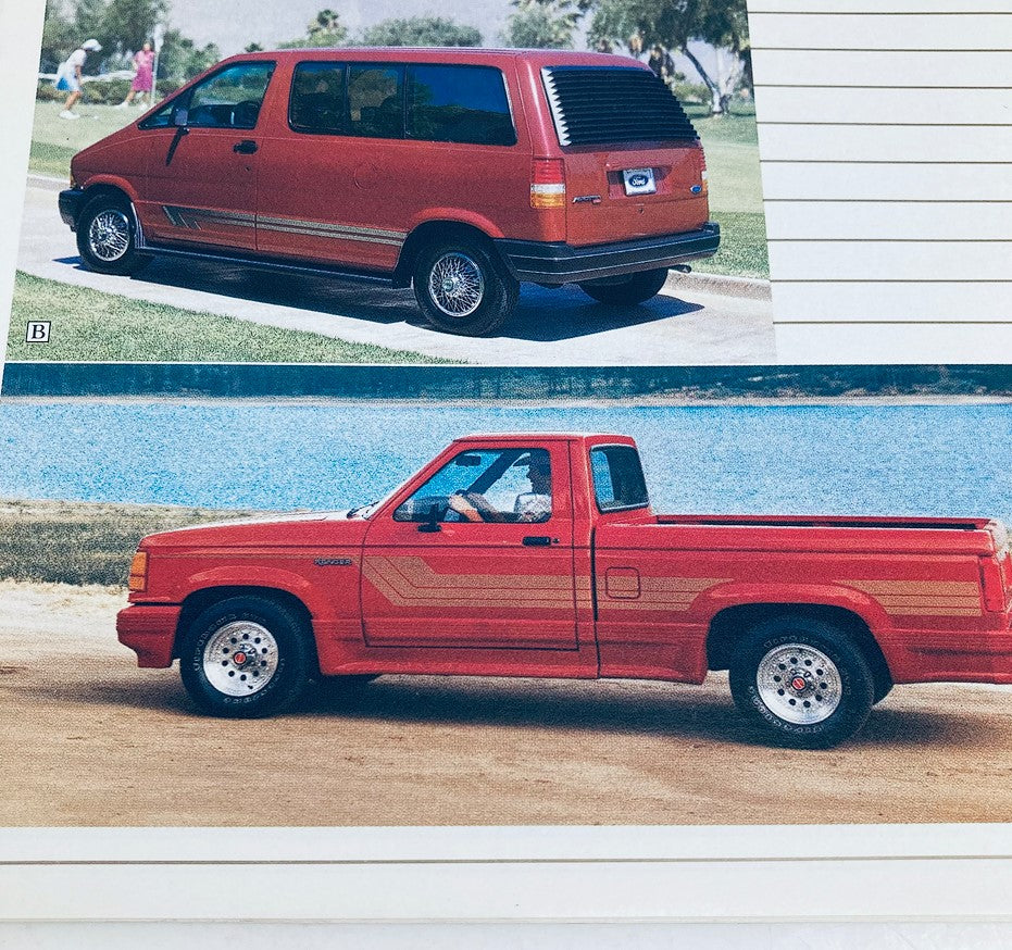 1989 Ford Light Trucks Accessories Dealer Showroom Sale Brochure highlighting various red Ford vehicles, emphasizing style and performance.