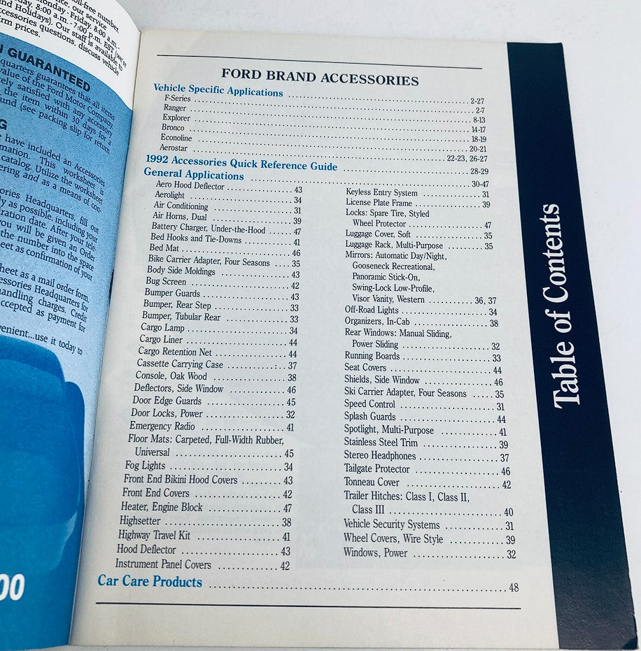 Inside page of the 1991 Ford Light Trucks Accessories Dealer Brochure showcasing the table of contents with a detailed list of available accessories.