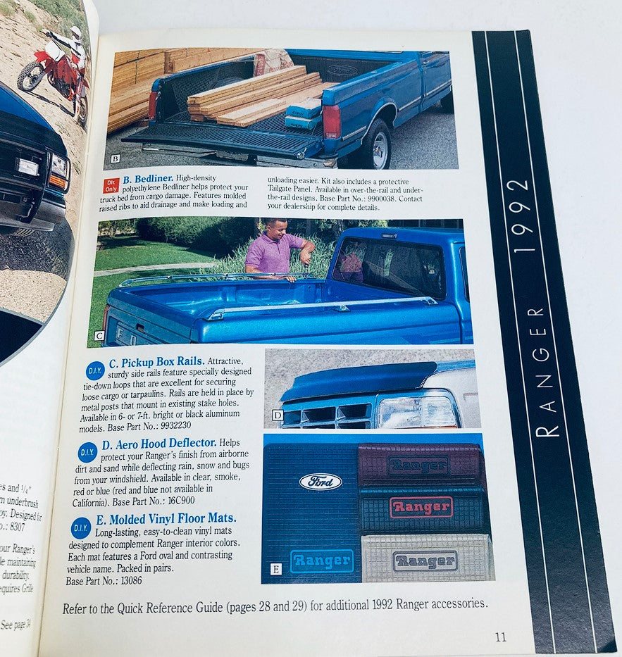 Page 11 from the 1991 Ford Light Trucks Accessories Brochure displaying additional Ford Ranger accessories such as pickup box rails and molded floor mats.