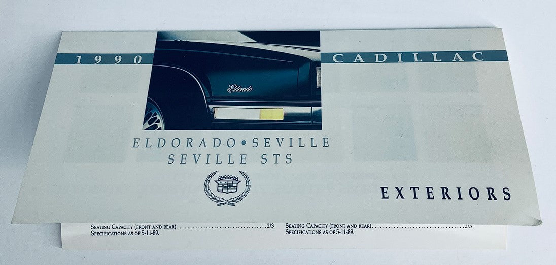 1990 Cadillac El Dorado Exteriors Dealer Showroom Sale Brochure showcasing the elegant exterior design and features of the Cadillac El Dorado, Seville, and STS models, highlighting their luxury and specifications.
