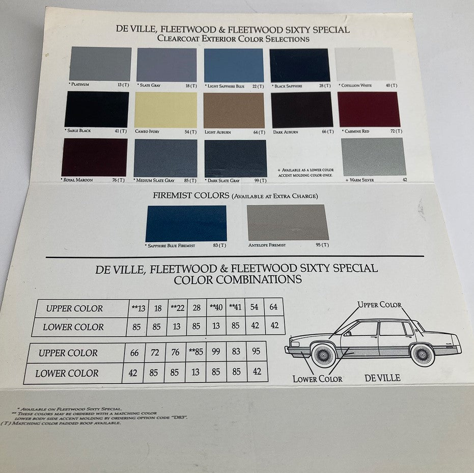 1990 Cadillac Fleetwood 60 Exteriors Dealer Showroom Sale Brochure Guide Catalog showing color selections and combinations for the De Ville, Fleetwood, and Fleetwood Sixty Special models.