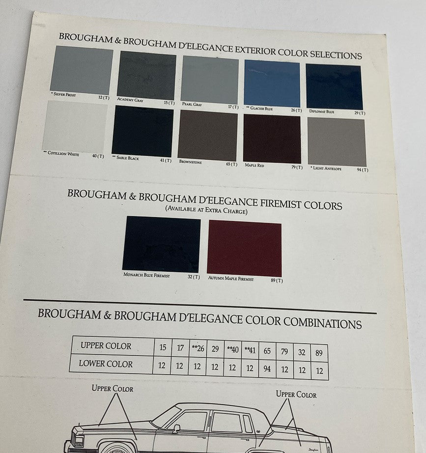 1990 Cadillac Brougham Exteriors Dealer Showroom Sale Brochure highlighting color selections for Brougham and Brougham d'Elegance exteriors.