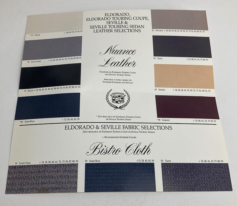 Interior color selection page from the 1993 Cadillac Seville Interiors Dealer Showroom Sale Brochure showcasing Nuance Leather and Bistro Cloth fabric options.