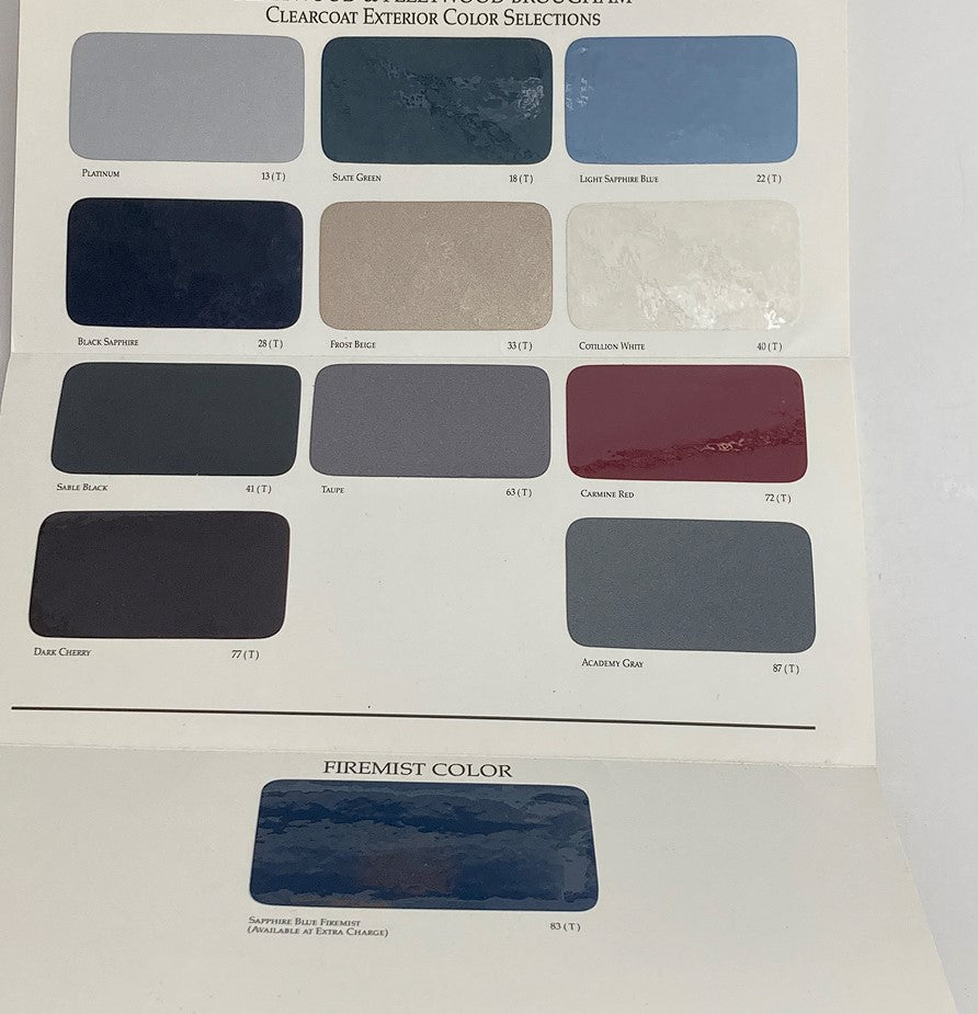 Interior page of the 1993 Cadillac Fleetwood Exteriors Dealer Showroom Sale Brochure displaying Clearcoat exterior color selections including shades like Pantheon, Slate Green, and Black Sapphire.