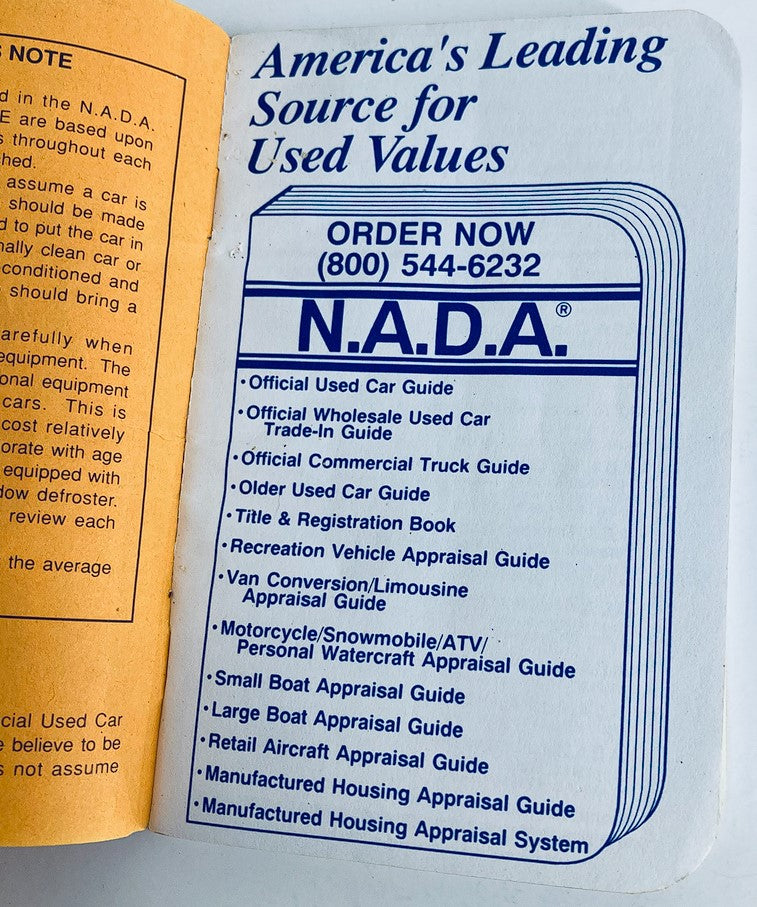 Inside view of the 1994 NADA Eastern Edition Official Used Car Brochure Guide Catalog, listing various guides and appraisal services offered by NADA, including contact information.