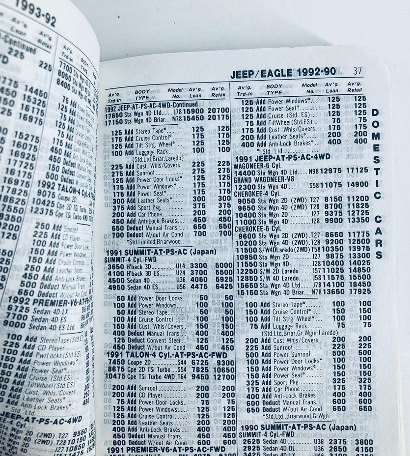 1994 NADA Eastern Edition Official Used Car Brochure Guide Catalog showing domestic car specifications and details for Jeep/Eagle models from 1992 to 1990.