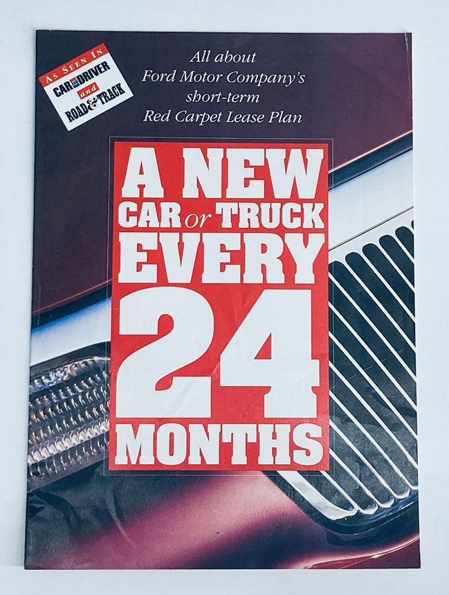 90s Ford New Car & Truck Dealer Showroom Sales Guide Catalog featuring promotional content on short-term Red Carpet Lease Plan. The cover showcases bold text stating 'A New Car or Truck Every 24 Months' with a classic Ford grille in the background.